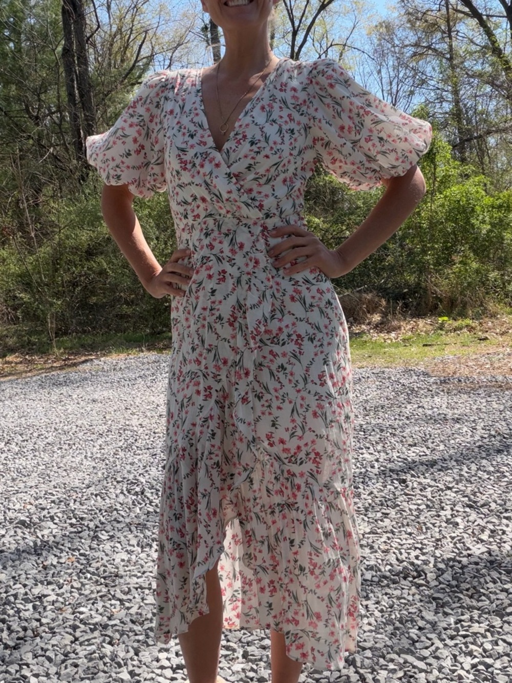 MINKPINK White Ruffle Midi Faux Wrap Dress with Pink & Green‎ Floral Size XS